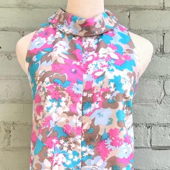 Vintage 60s Floral Sleeveless Jumpsuit - Pink, Blue, and Brown - Picture 3 of 10